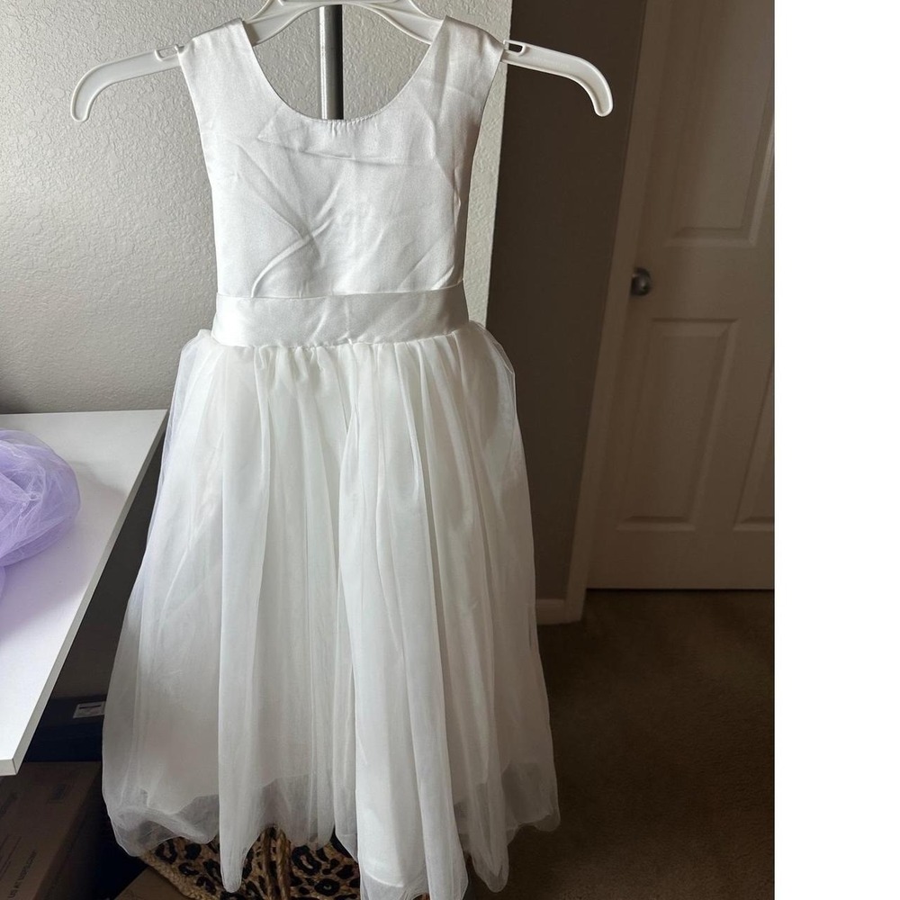 Flower Girl Dress Kids 4Y‎ White Good Satin Tulle Big Bow V-Back Gown
